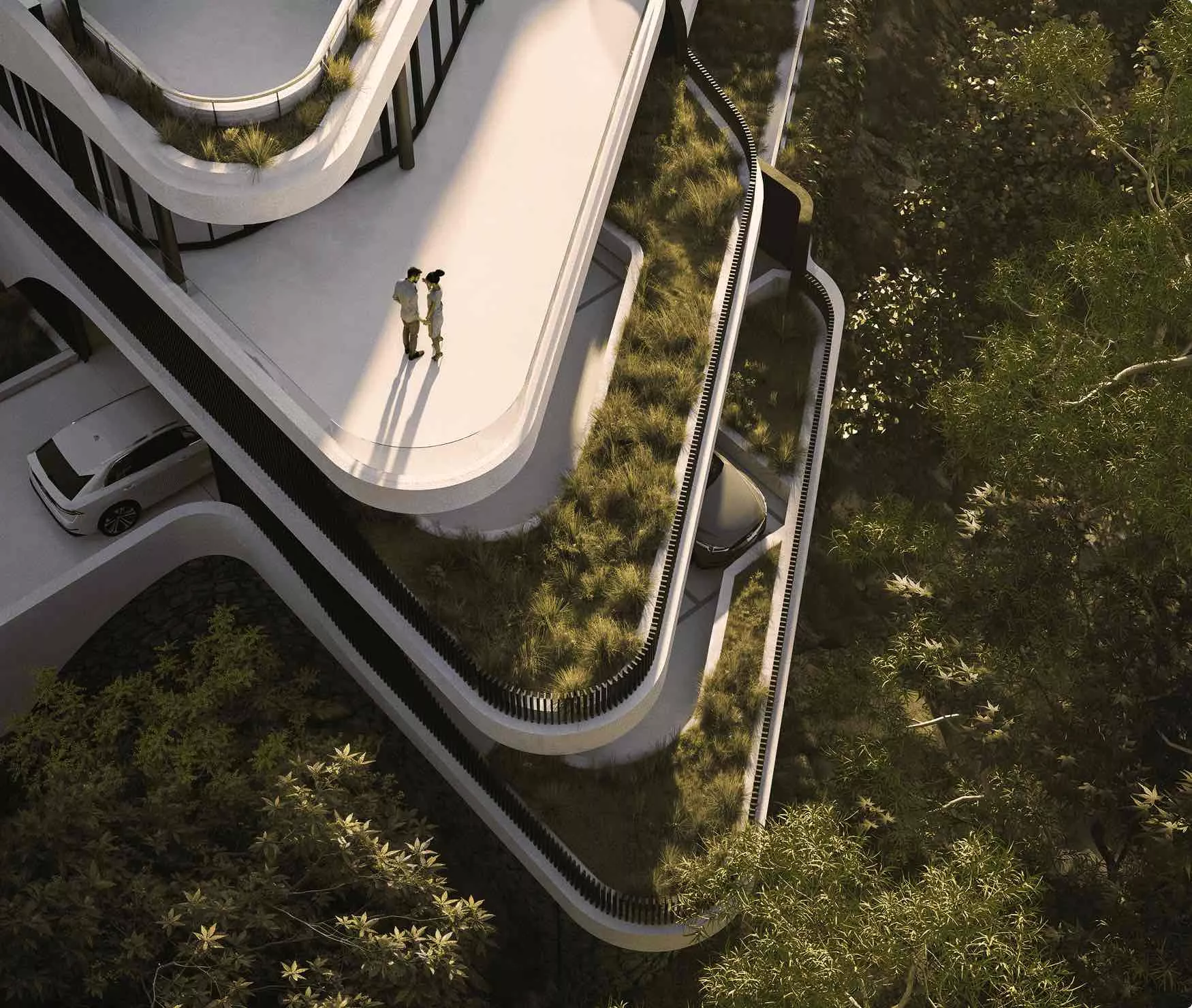 3D visualization hotel with curved terraces, planted decks, hillside overlook, and rooftop walkway