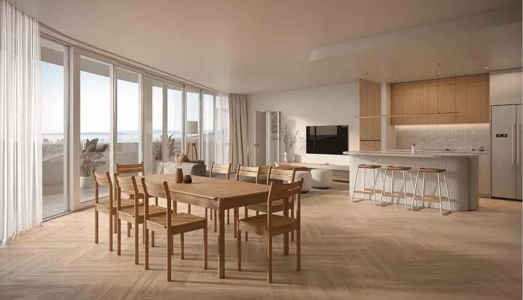 3D visualization hotel interior with a dining table, open kitchen, bar stools, and floor-to-ceiling windows