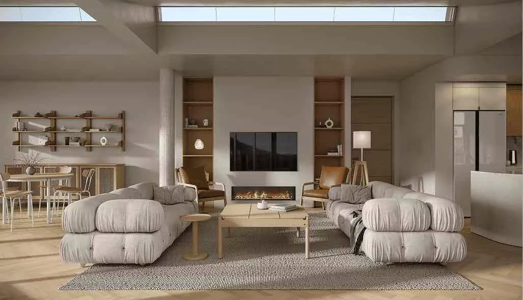 3D visualization hotel interior with curved sofas, a fireplace wall, armchairs, and open shelving