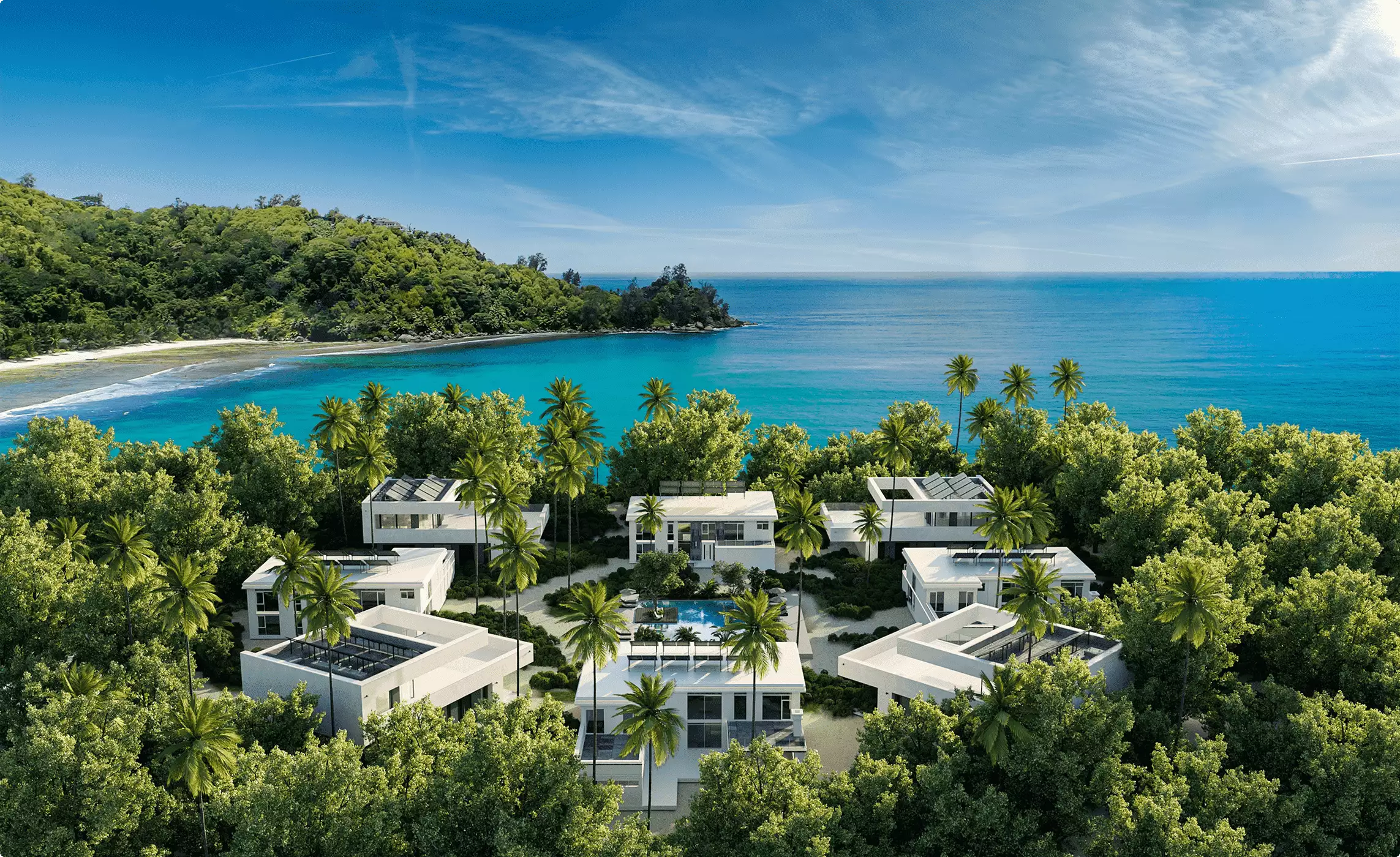 Aerial 3d rendering for hotel marketing shows beachfront villas, central pool, palms, and turquoise bay