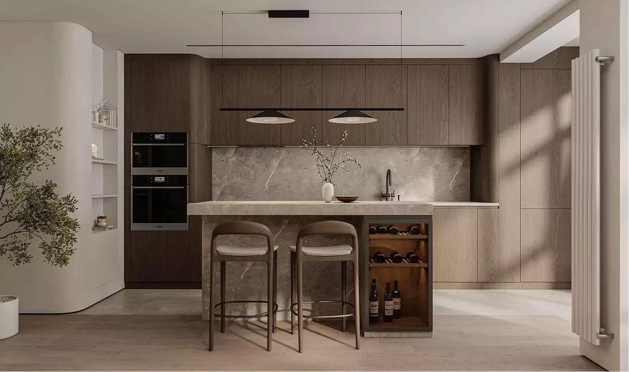 Apartment 3D tour modern kitchen with stone island, wine storage, wood cabinets, and warm light