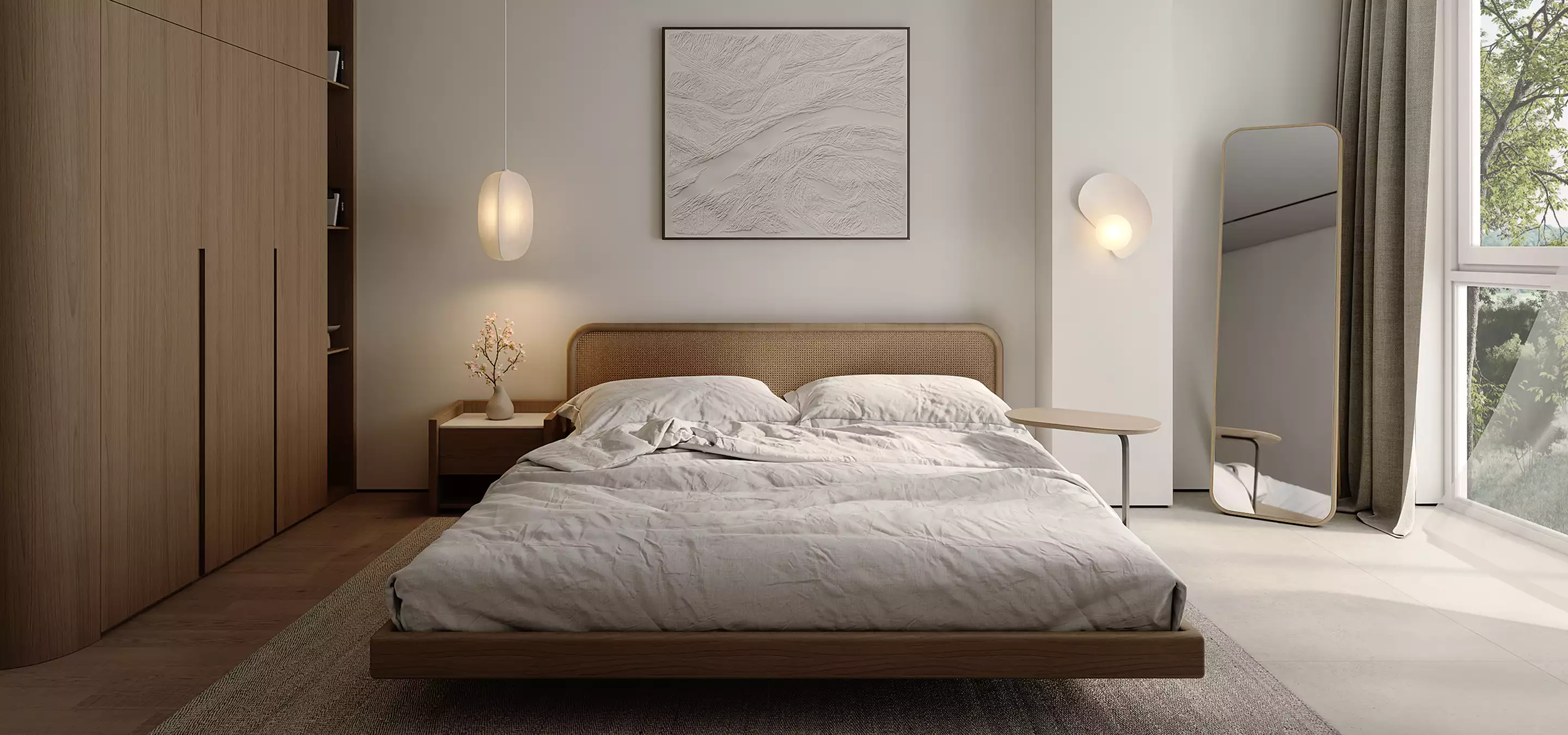 Apartment 3d virtual tour bedroom with low bed, pendant light, mirror, wardrobe, and large window