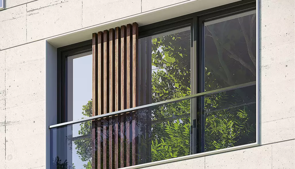 Apartment complex design balcony detail with glass railing, large window, and vertical wooden slats