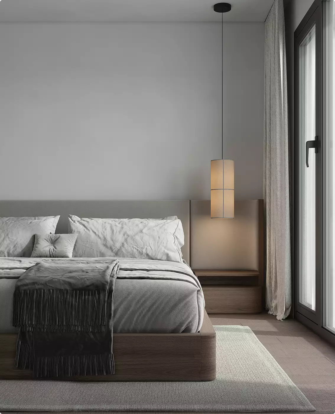 Apartment complex design bedroom interior with modern bed, pendant lamp, and large window with curtains