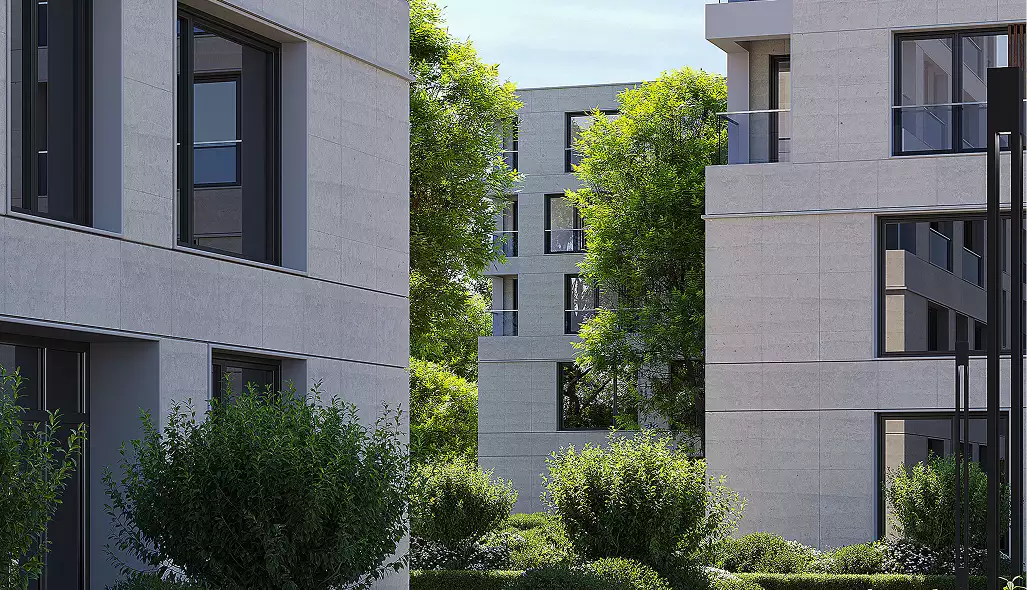 Apartment complex design modern residential buildings with landscaped courtyard, trees, and large windows