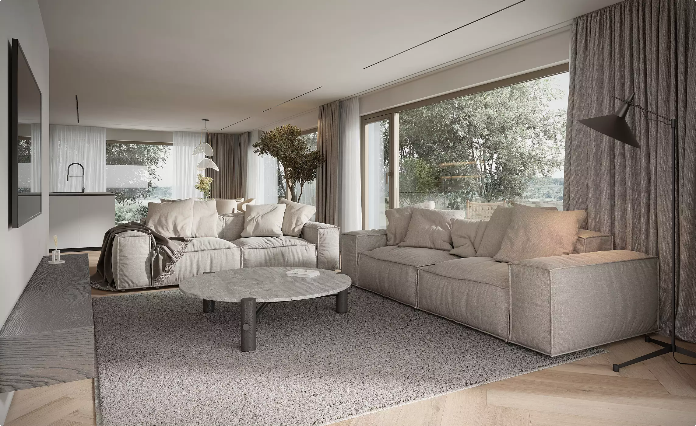 Apartment complex design modern living room interior with large windows, sofas, and open kitchen layout