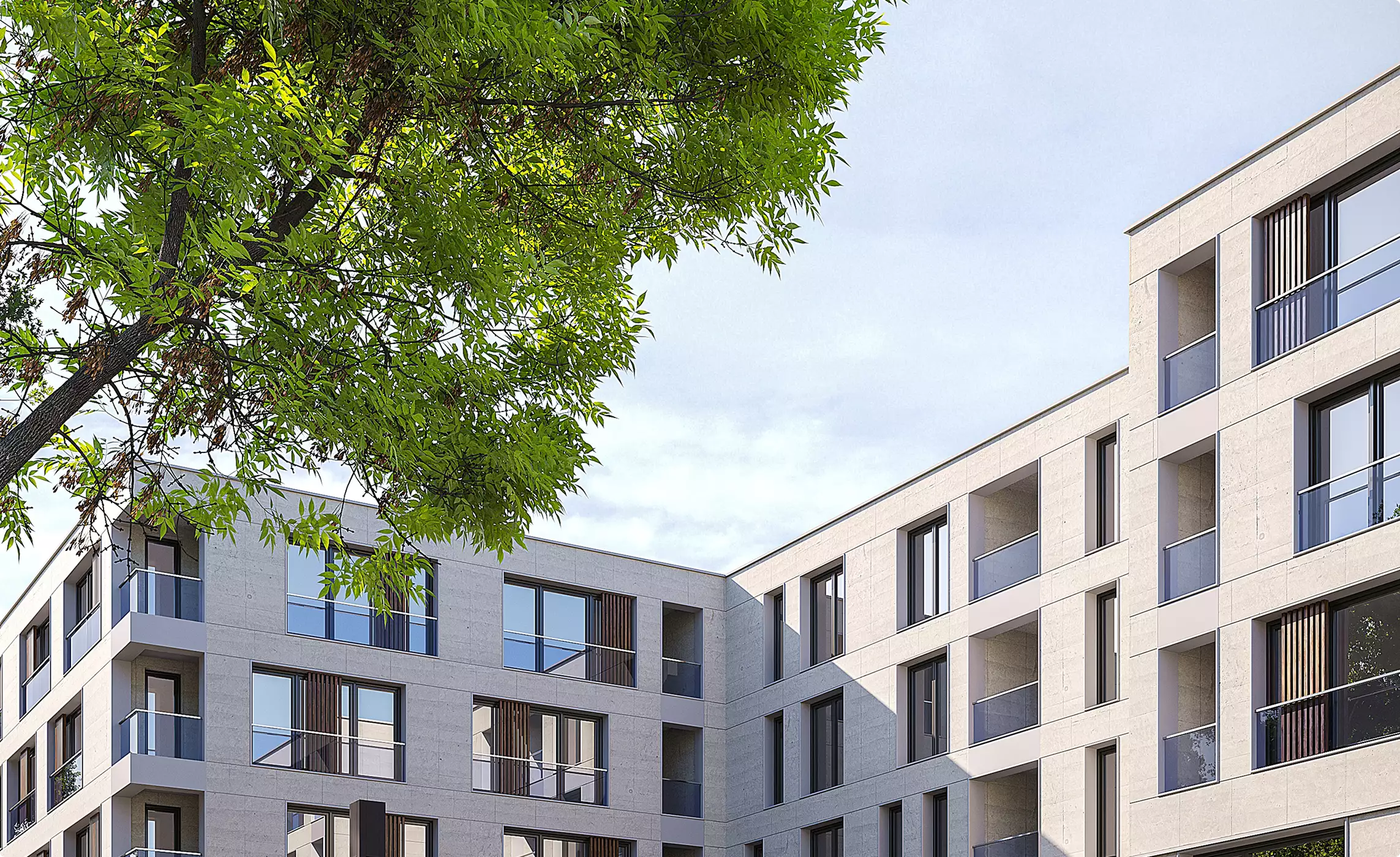Apartment complex design modern residential buildings with balconies and large windows surrounded by green trees