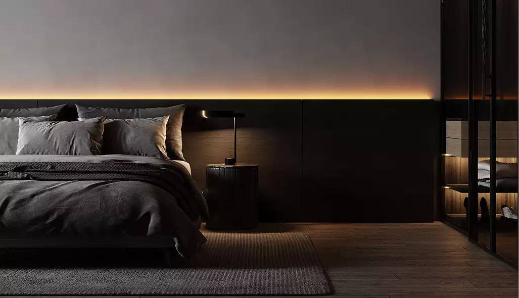 Apartment render bedroom with dark bed, bedside lamp, warm LED wall lighting, and glass wardrobe with shelves