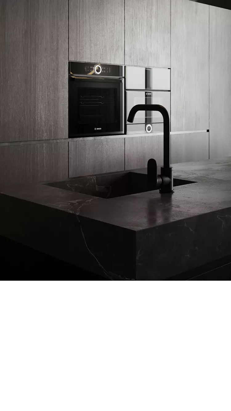 Apartment render black marble kitchen island with sink and faucet, wood cabinets with built in oven and microwave