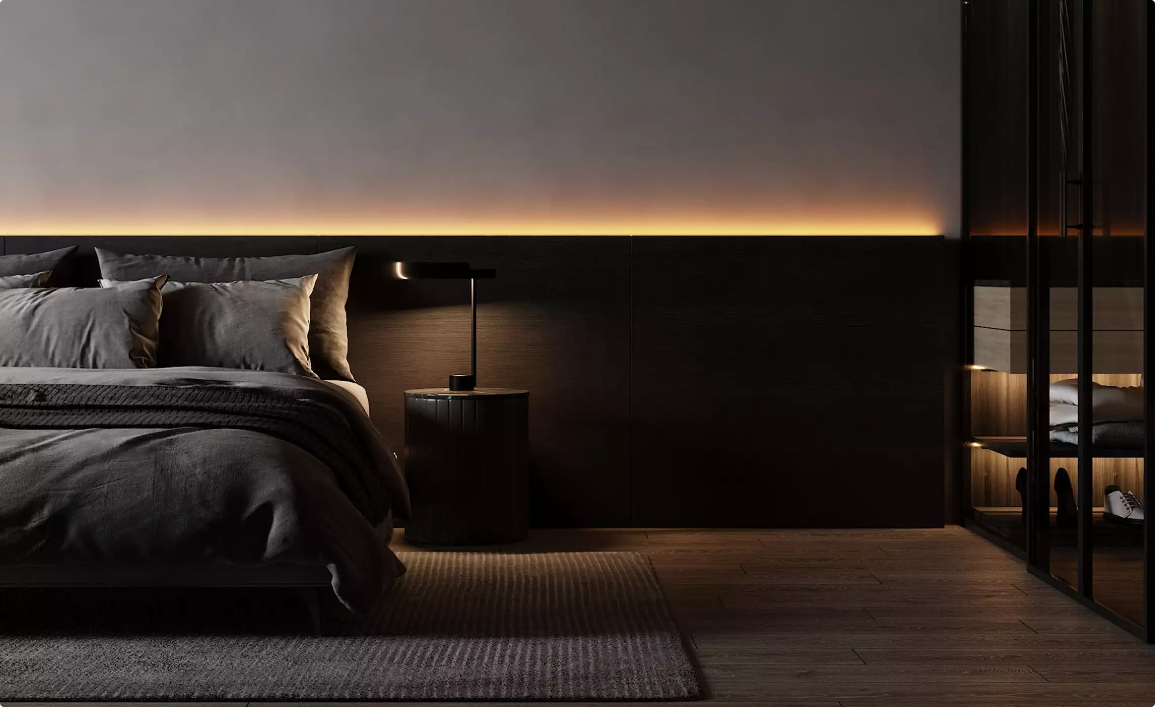 Apartment render bedroom with dark bed, bedside table lamp, warm LED wall lighting, and glass wardrobe shelves