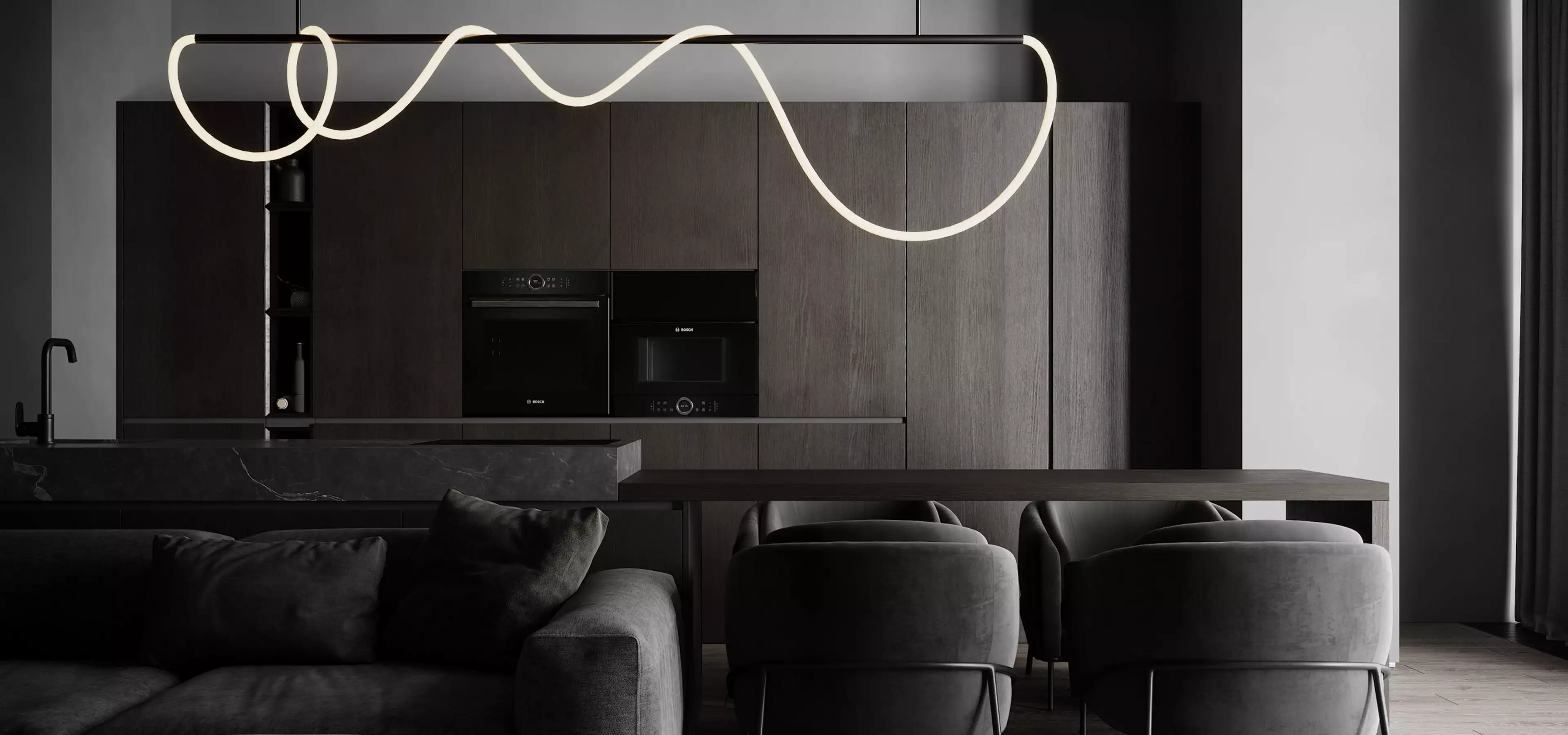 Apartment render dark living room with gray sofa, dining chairs, wood kitchen cabinets, and curved LED pendant light