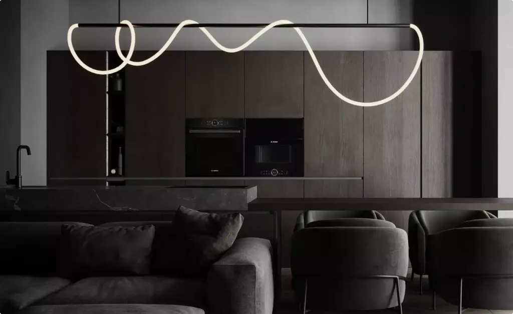 Apartment render dark living room with gray sofa facing wood kitchen cabinets, marble island, and curved LED pendant light