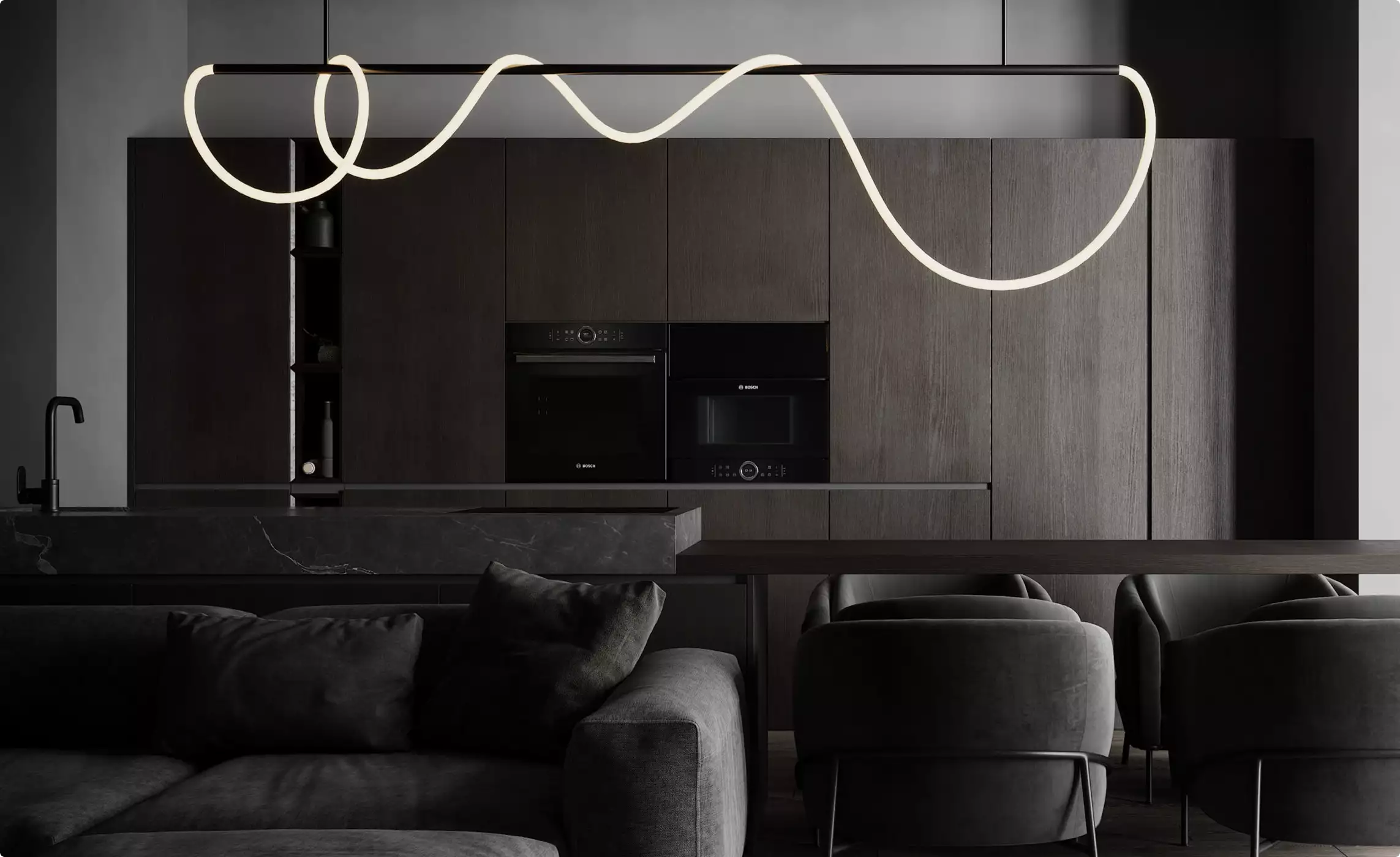 Apartment render dark living room with gray sofa facing wood kitchen cabinets, marble island, and curved LED pendant light