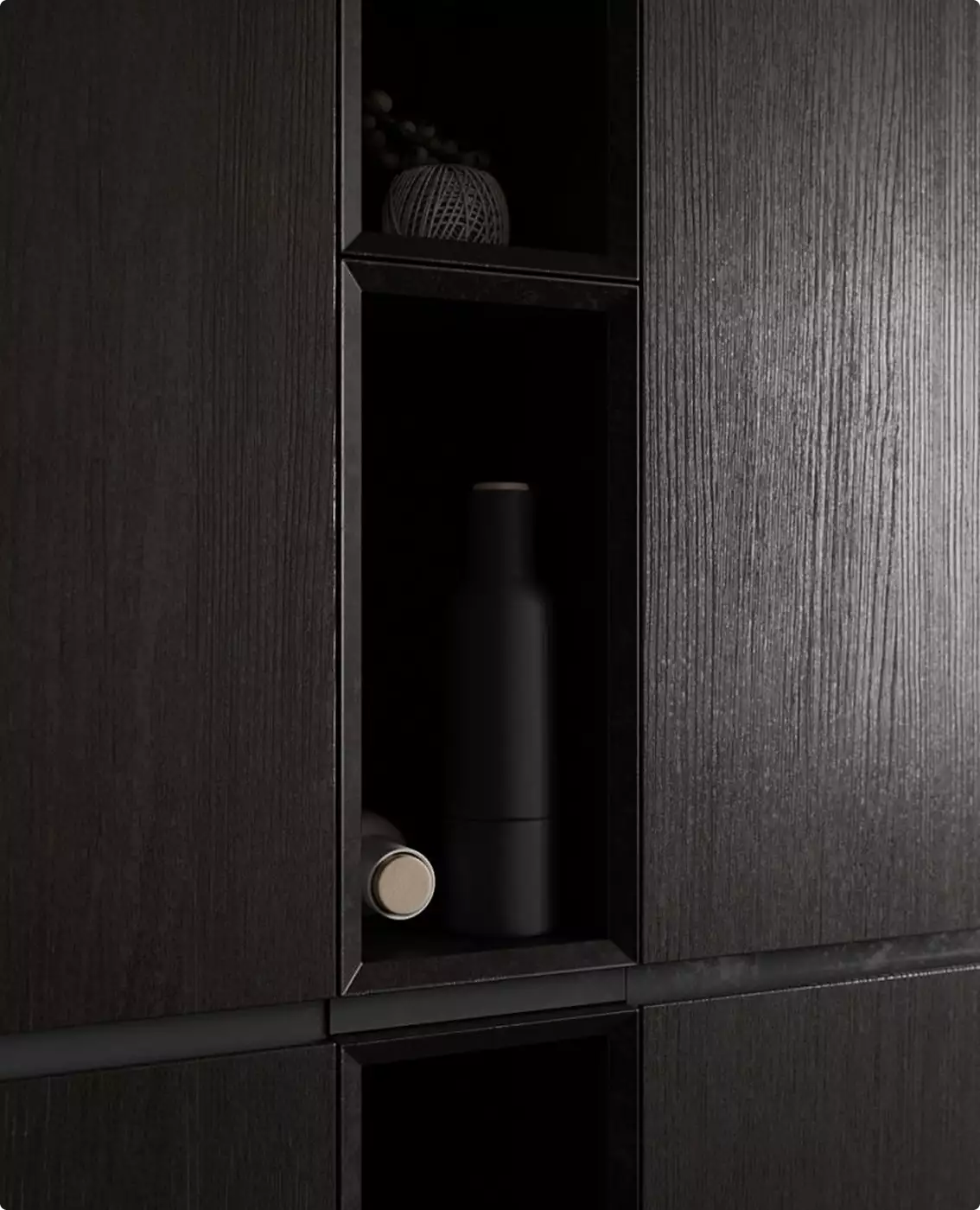 Apartment render dark wood cabinet niche with decorative bottle and woven object on shelf