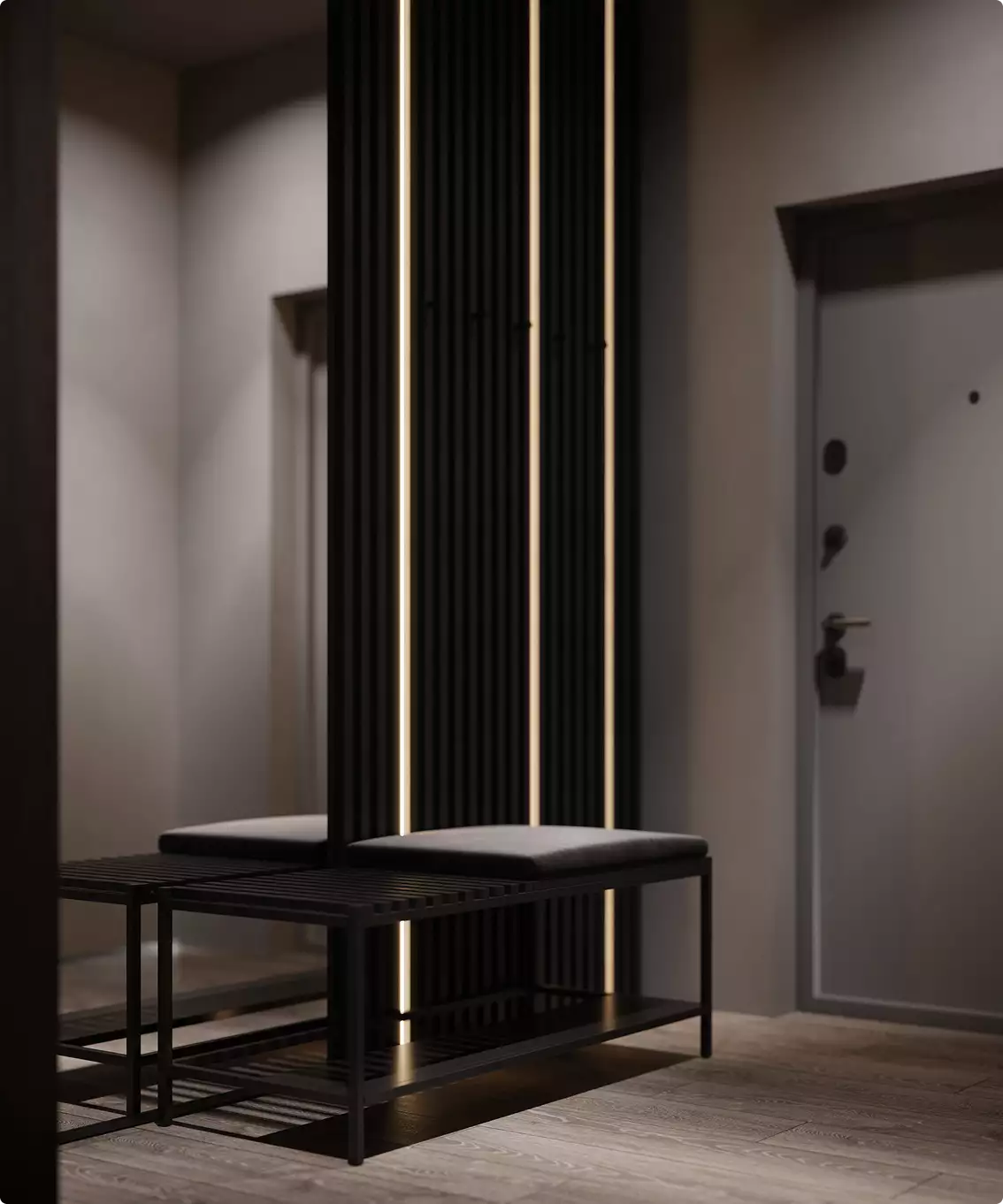 Apartment render hallway with black slatted wall panel, vertical LED lights, and bench near entry door