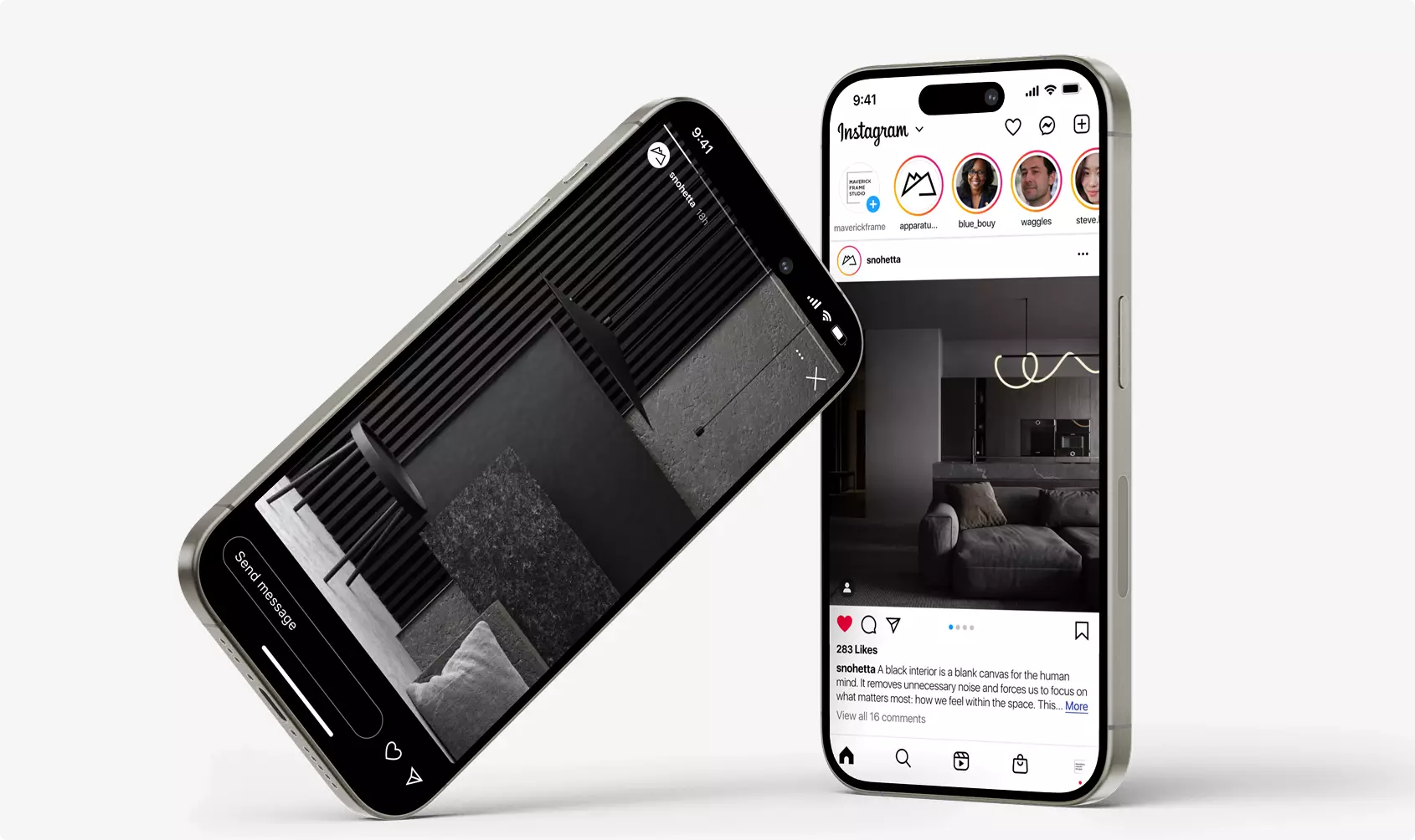 Apartment render interior displayed on two smartphones showing dark living room and design scene on social media