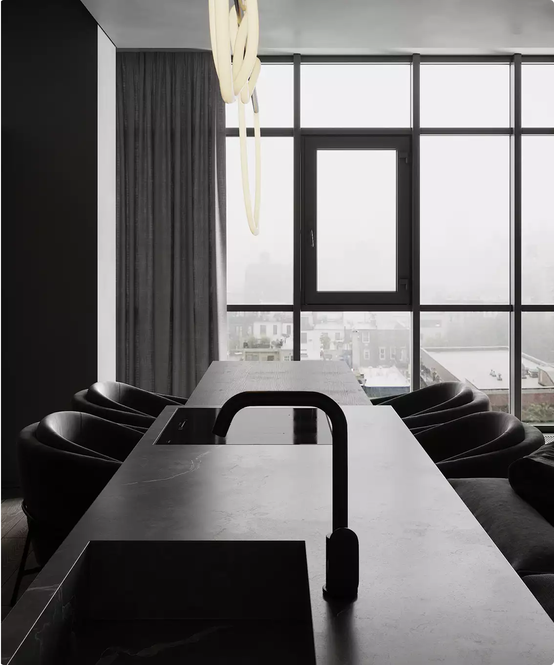 Apartment render kitchen island with black faucet and sink facing large window, dining table and chairs behind