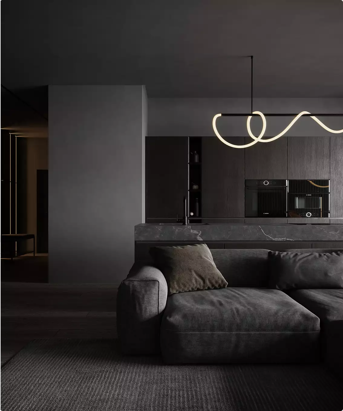 Apartment render living room with gray sofa facing dark marble kitchen island, wood cabinets, and curved LED pendant light