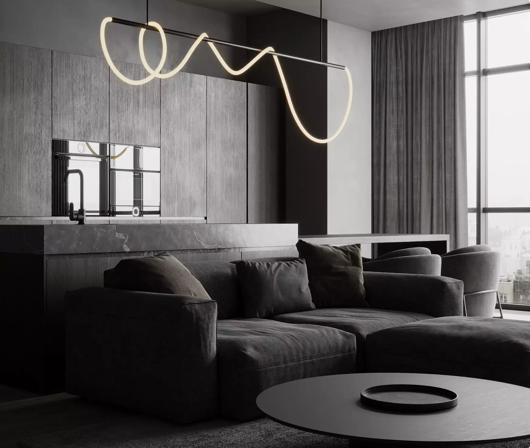 Apartment render living room with dark sofa, marble kitchen island, wood cabinets, and curved LED pendant light