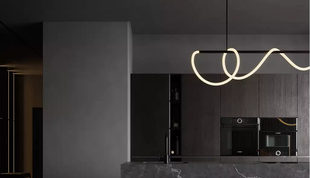 Apartment render modern kitchen with marble island, wood cabinets, built in oven, and curved LED pendant light