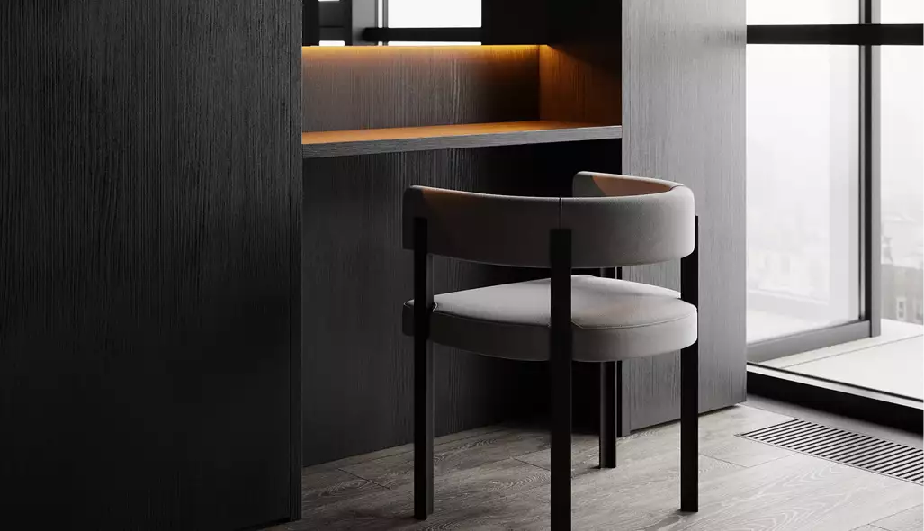 Apartment render workspace with upholstered chair at built in desk, wood wall panels, and window view