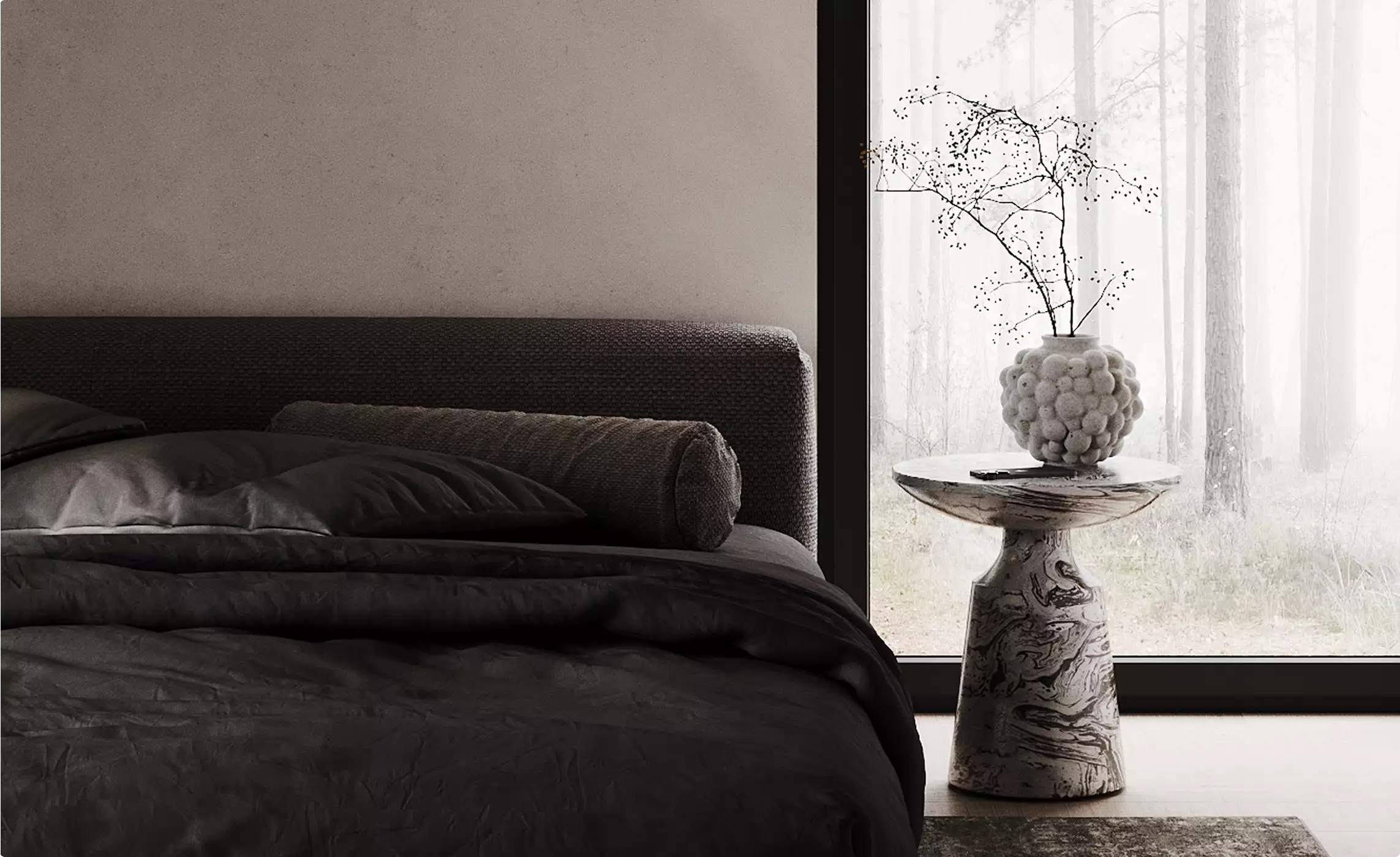 Apartment renderings modern bedroom corner with upholstered bed, side table with vase and large window view