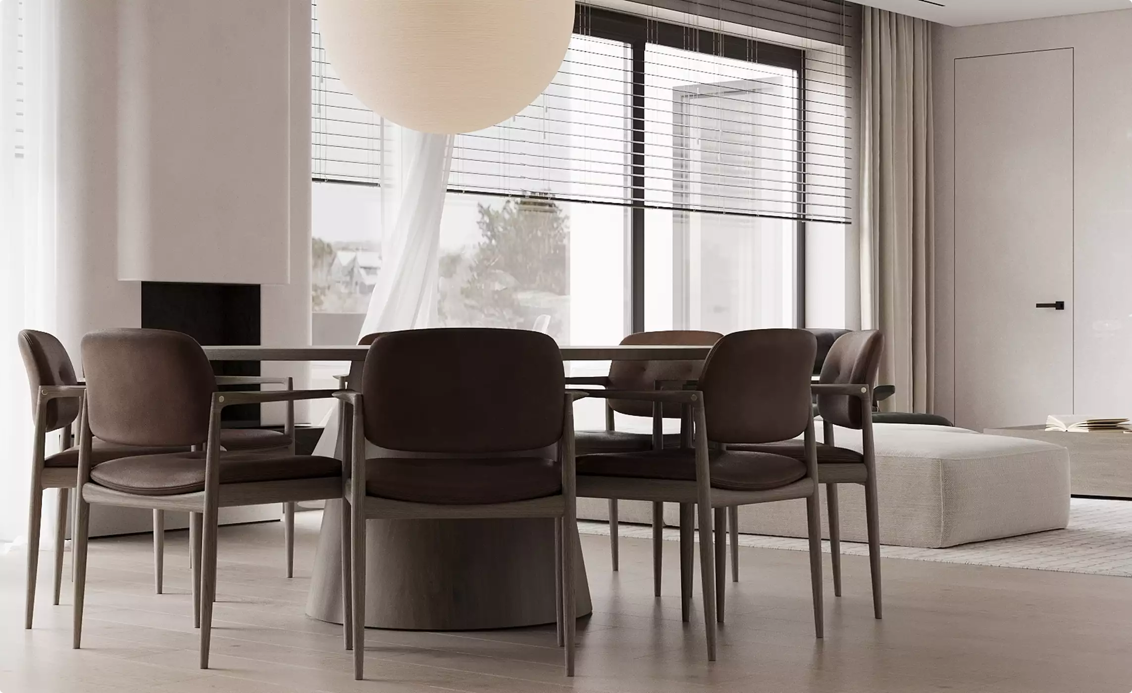 Apartment renderings modern dining area with round table, leather chairs and large window with blinds