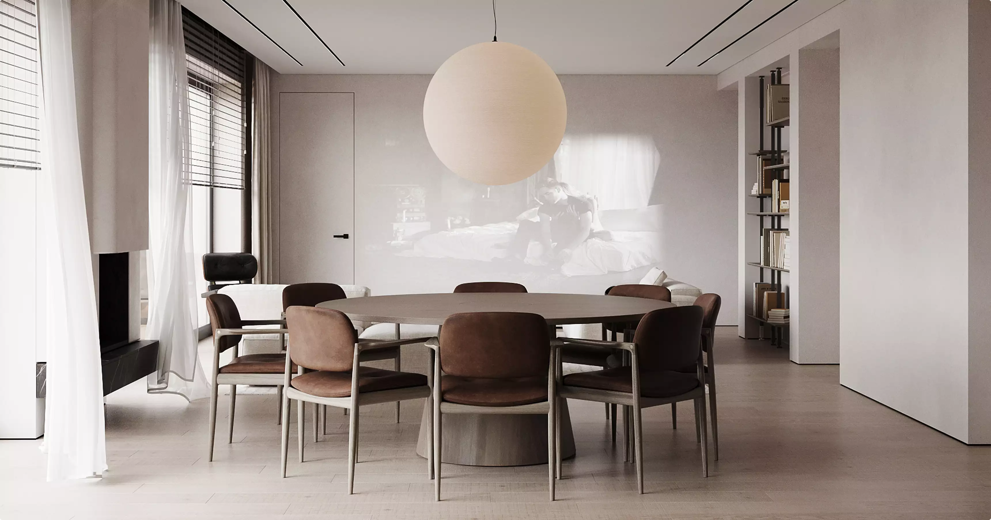 Apartment renderings modern dining room with round table, leather chairs and large pendant light