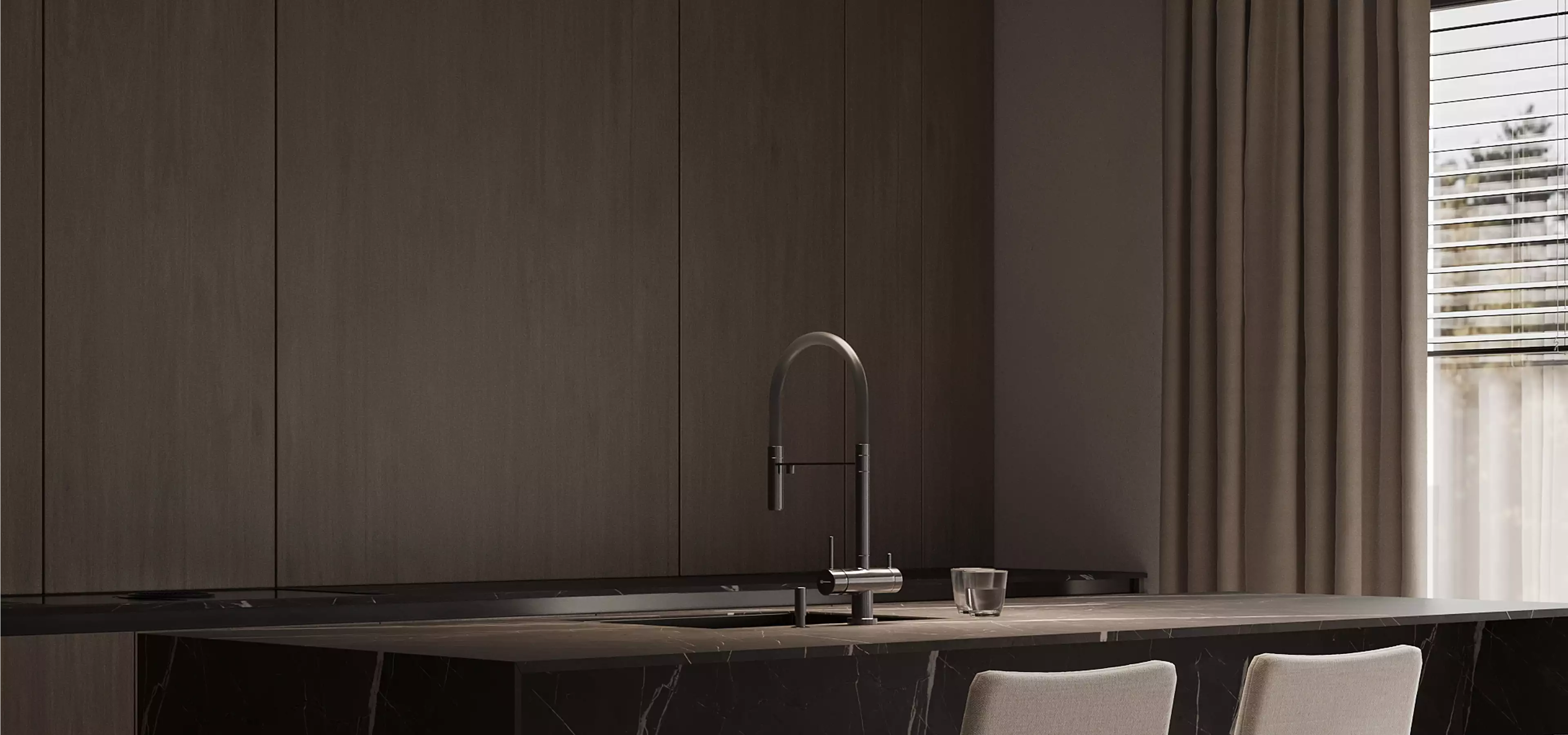 Apartment renderings modern kitchen island with dark wood cabinets, marble countertop and tall faucet