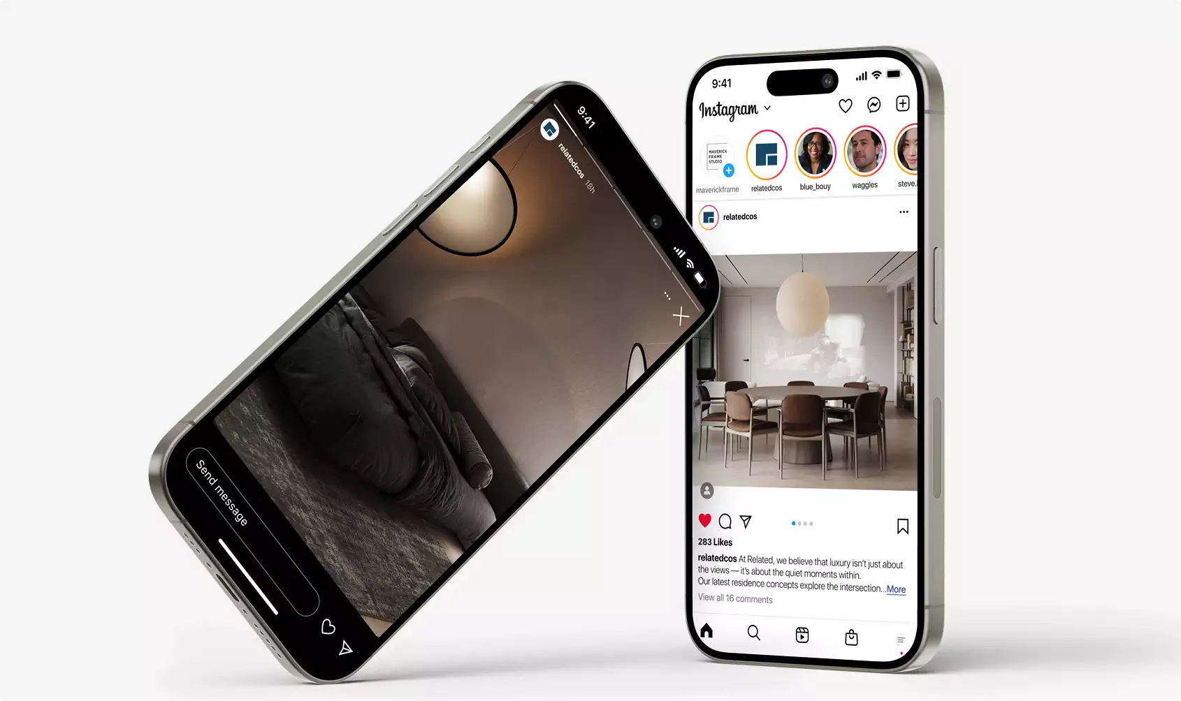 Apartment renderings displayed on smartphone screens showing modern interior design posts in social media app