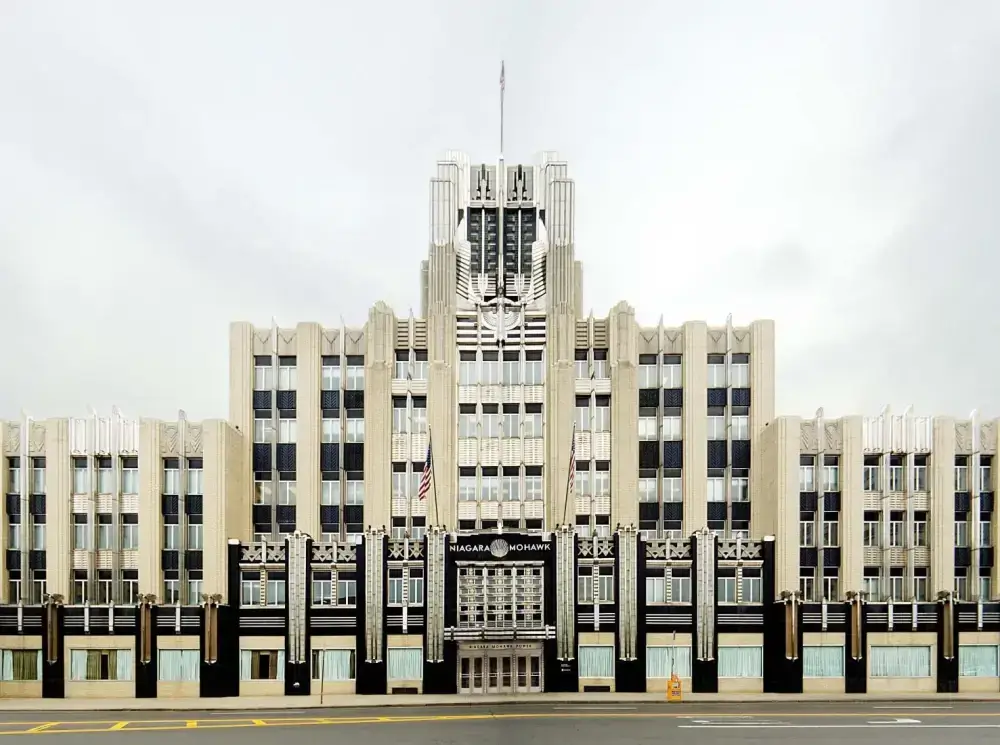 Art Deco architectural style building with symmetrical facade, vertical windows, and central entrance