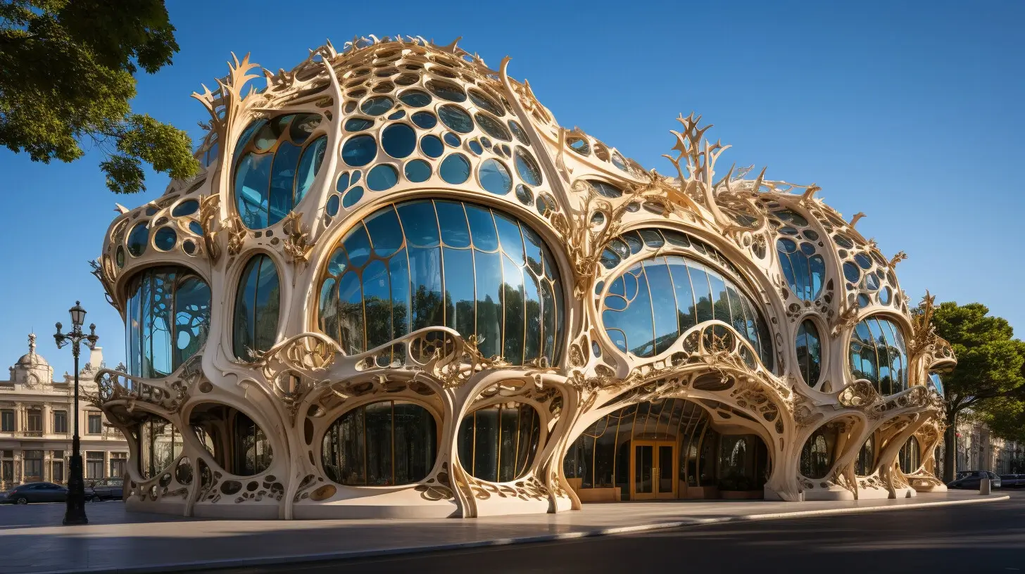 Art Nouveau architectural style pavilion with organic curves, glass walls, and decorative structural elements