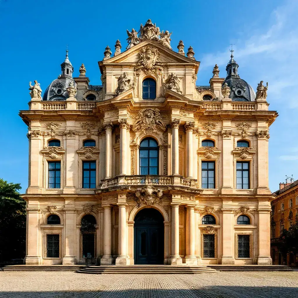 Baroque architectural style palace facade with ornate sculptures, decorative columns, and arched entrance