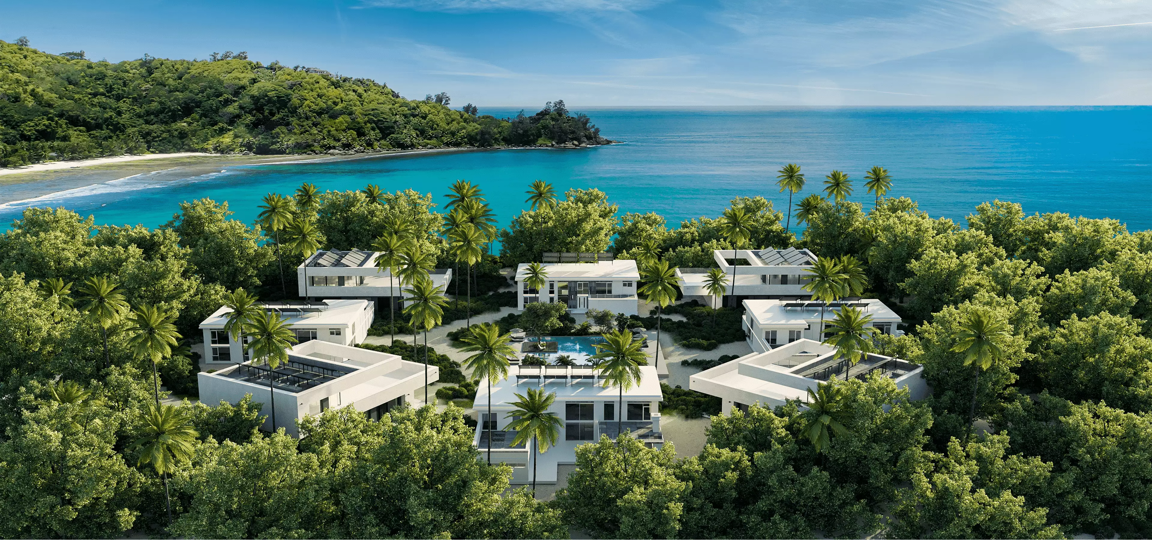 Beachfront 3d hotel renderings show villas, central pool, palms, and turquoise bay