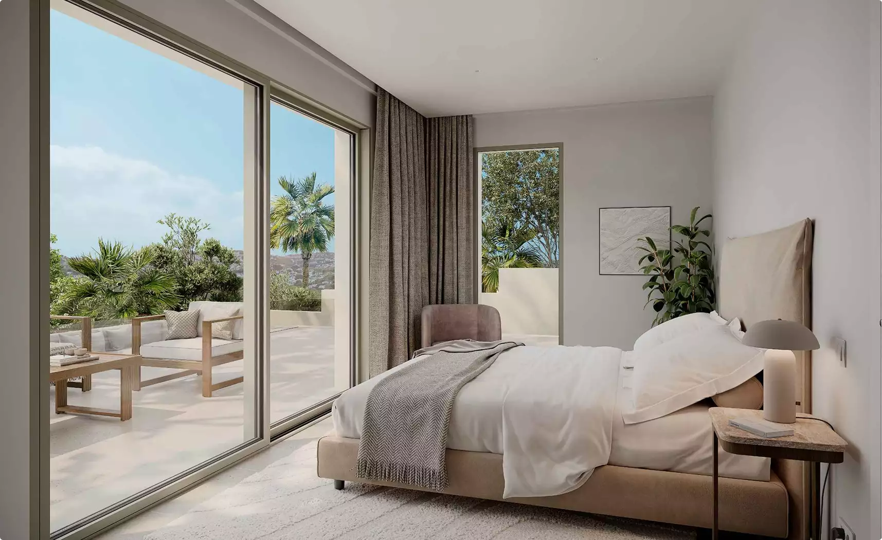Bedroom with terrace view, residential rendering company, large windows, palm trees, and neutral decor