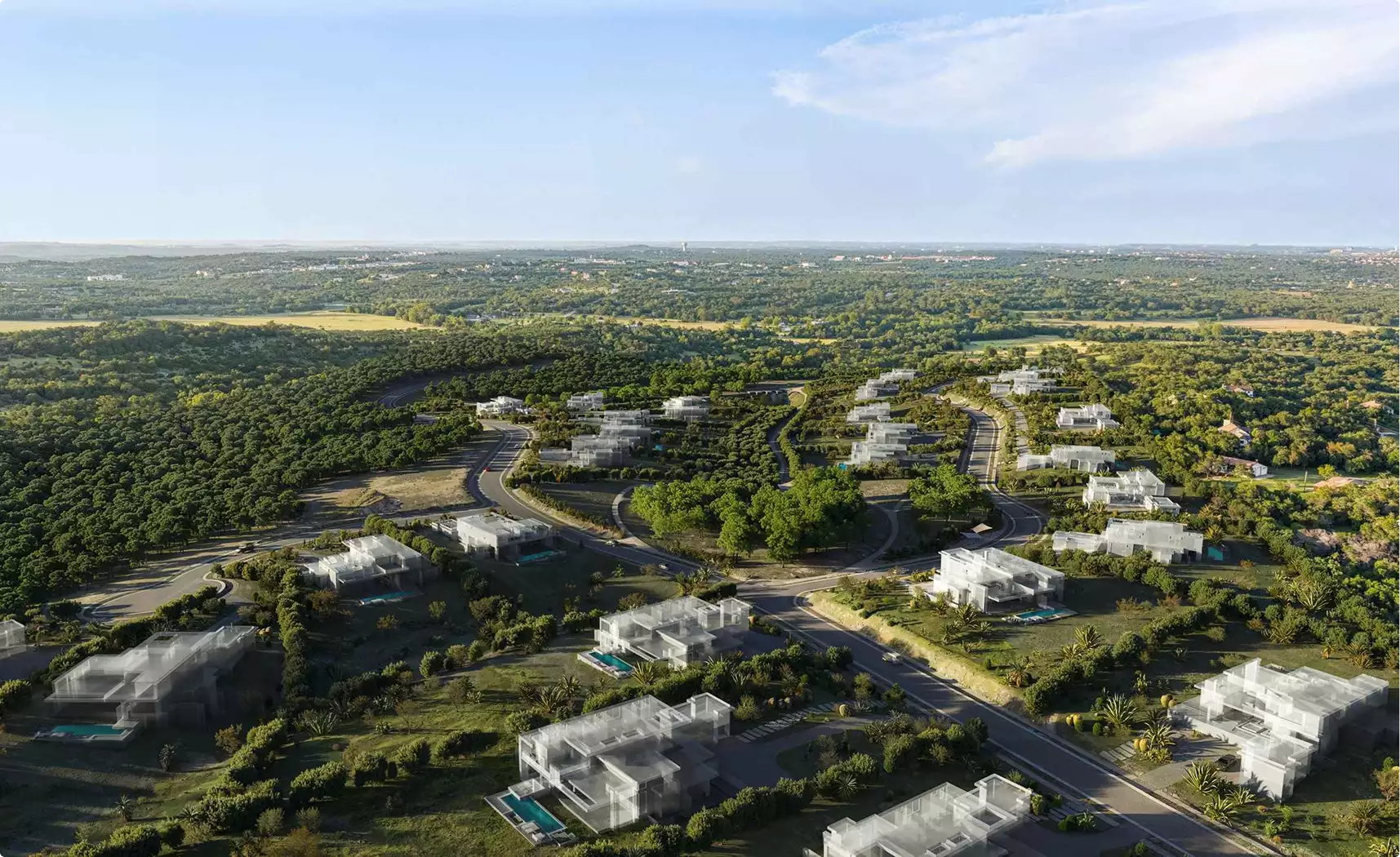 Birds eye rendering of a hillside villa community in dense greenery with winding roads and modern homes