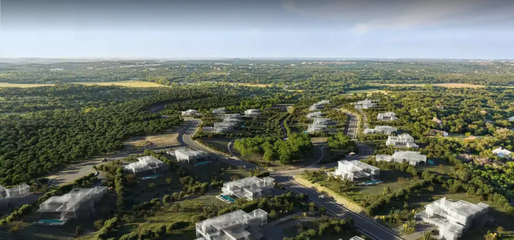 Birds eye rendering of a panoramic villa community set in forested hills with roads and scattered homes