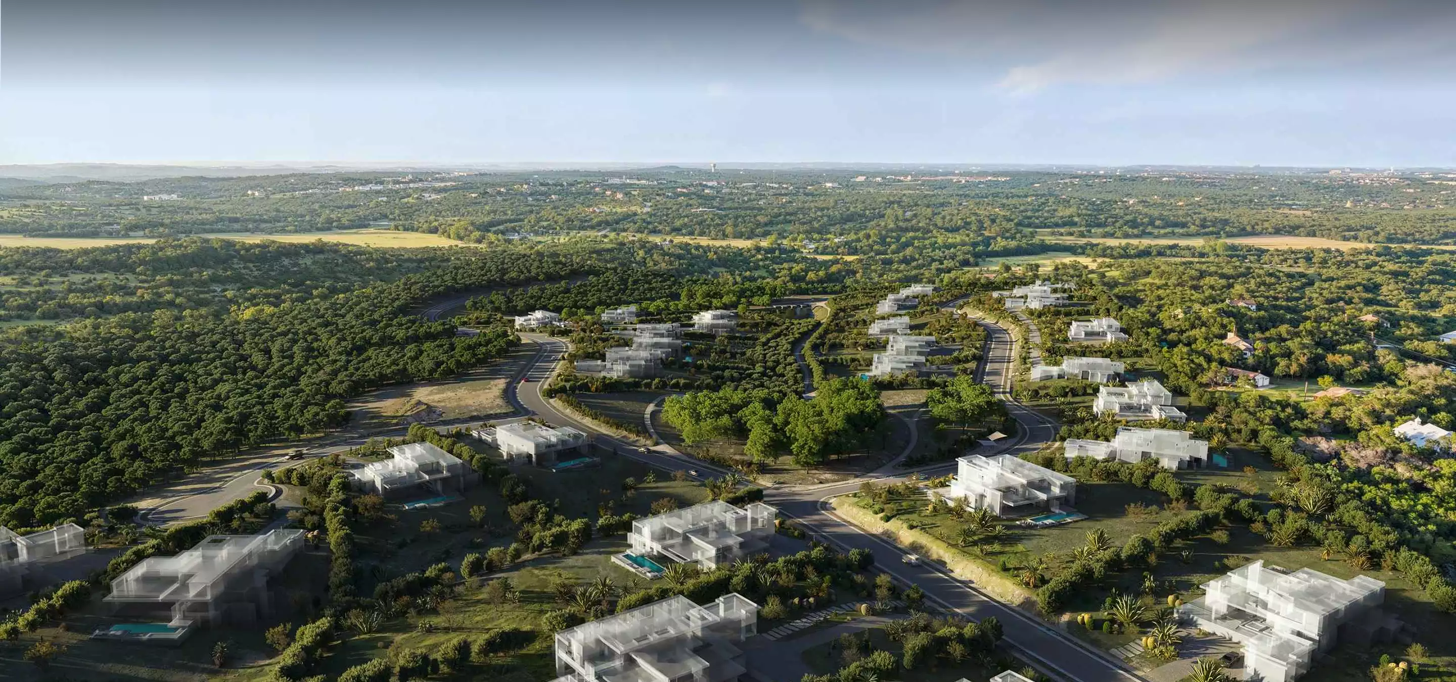 Birds eye rendering of a panoramic villa community set in forested hills with roads and scattered homes