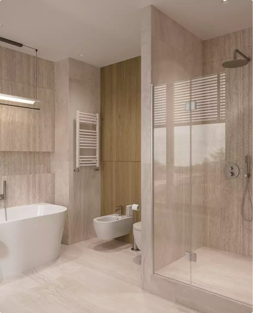 Birds eye view rendering of a modern bathroom with freestanding tub, glass shower, and stone walls