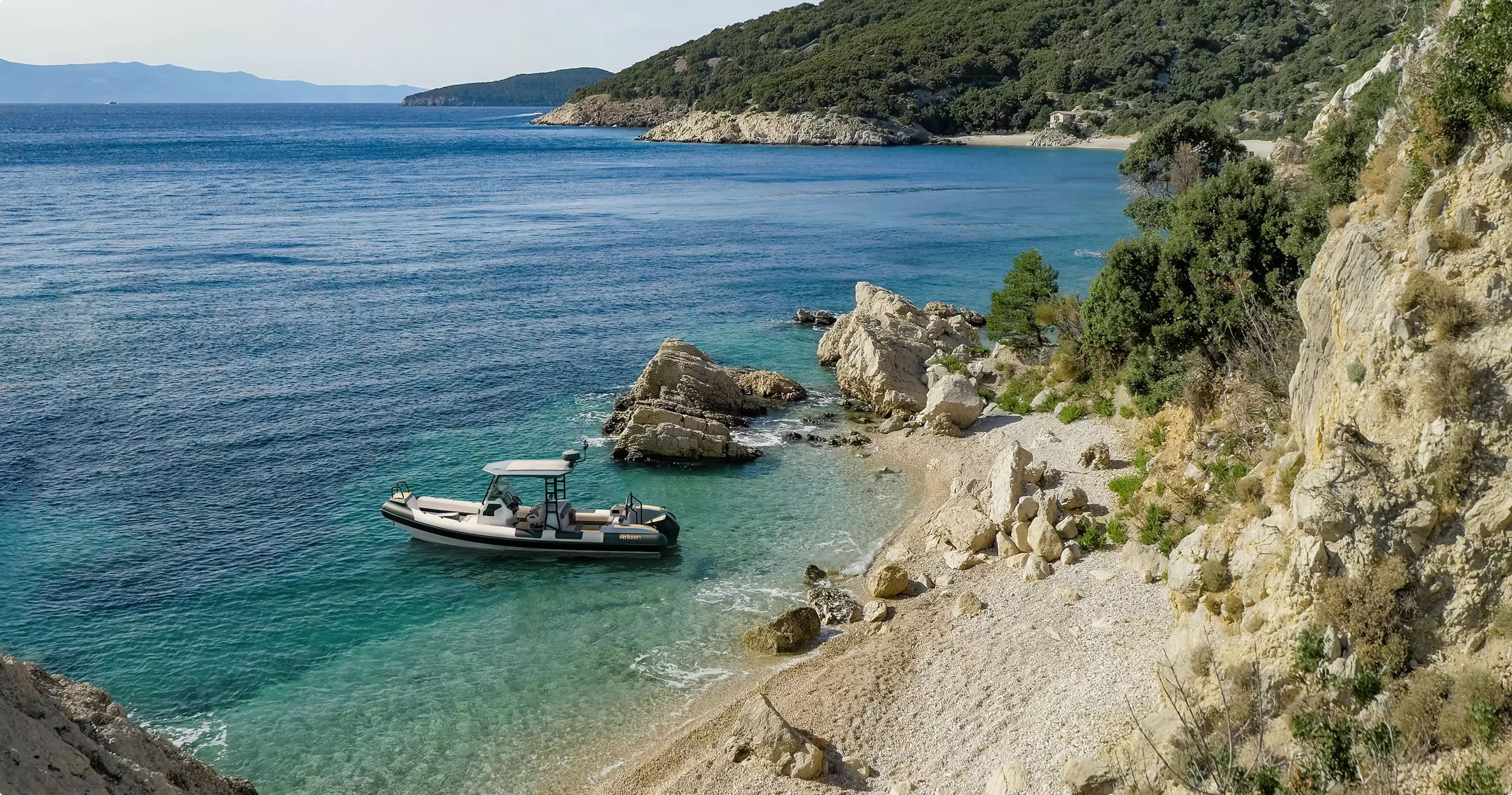 Boat 3d rendering services showing a rigid inflatable boat near a rocky cove and calm blue sea