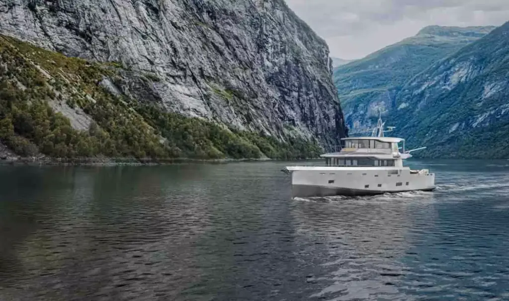 Boat 3d rendering of a white yacht cruising through a fjord with steep rocky cliffs