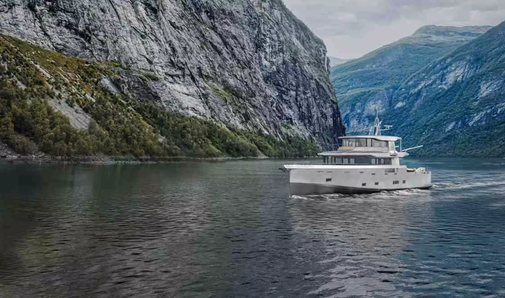 Boat 3D rendering of a white yacht cruising through a fjord with steep rocky cliffs