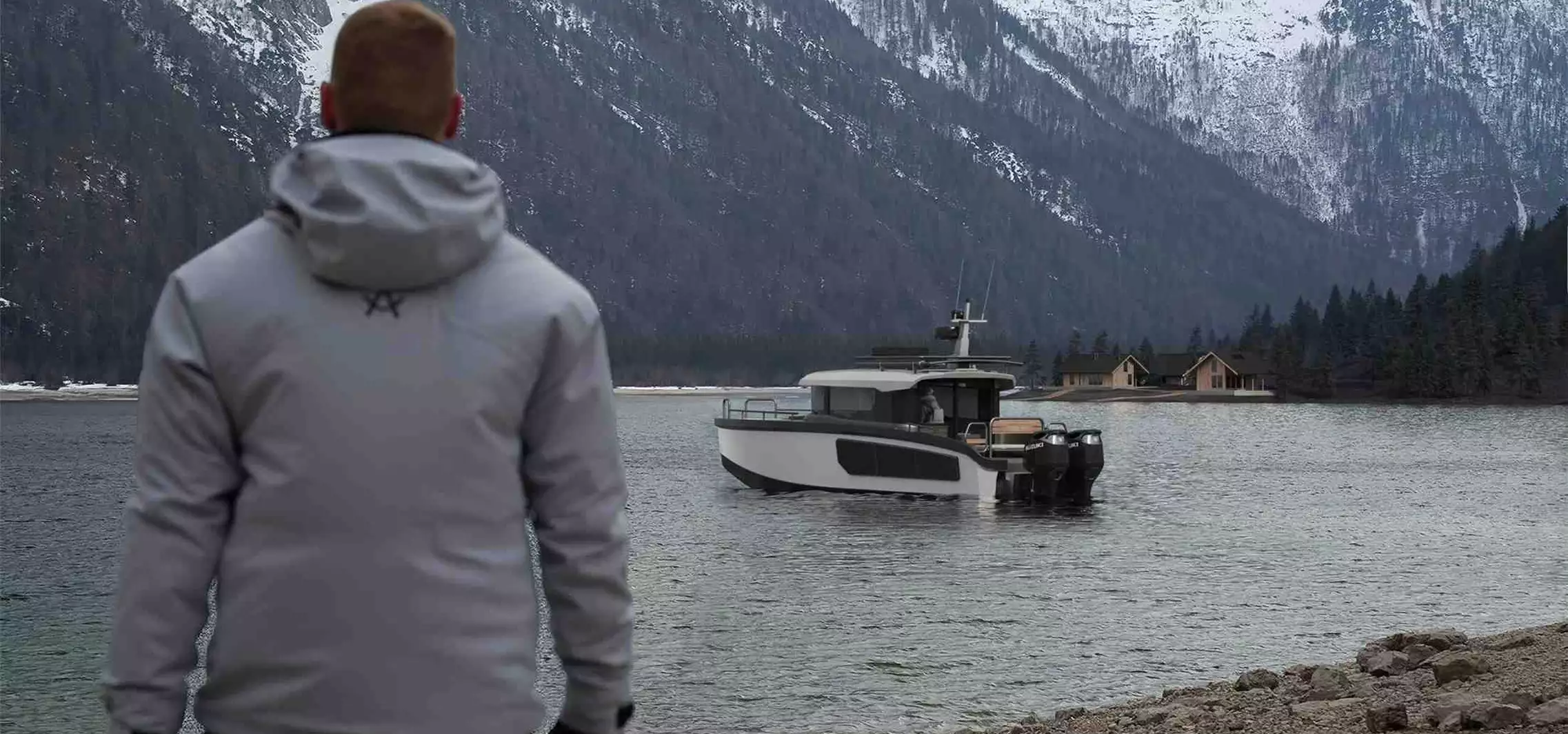 Boat 3d visualization of a cabin boat on a mountain lake with snowy slopes and shoreline houses