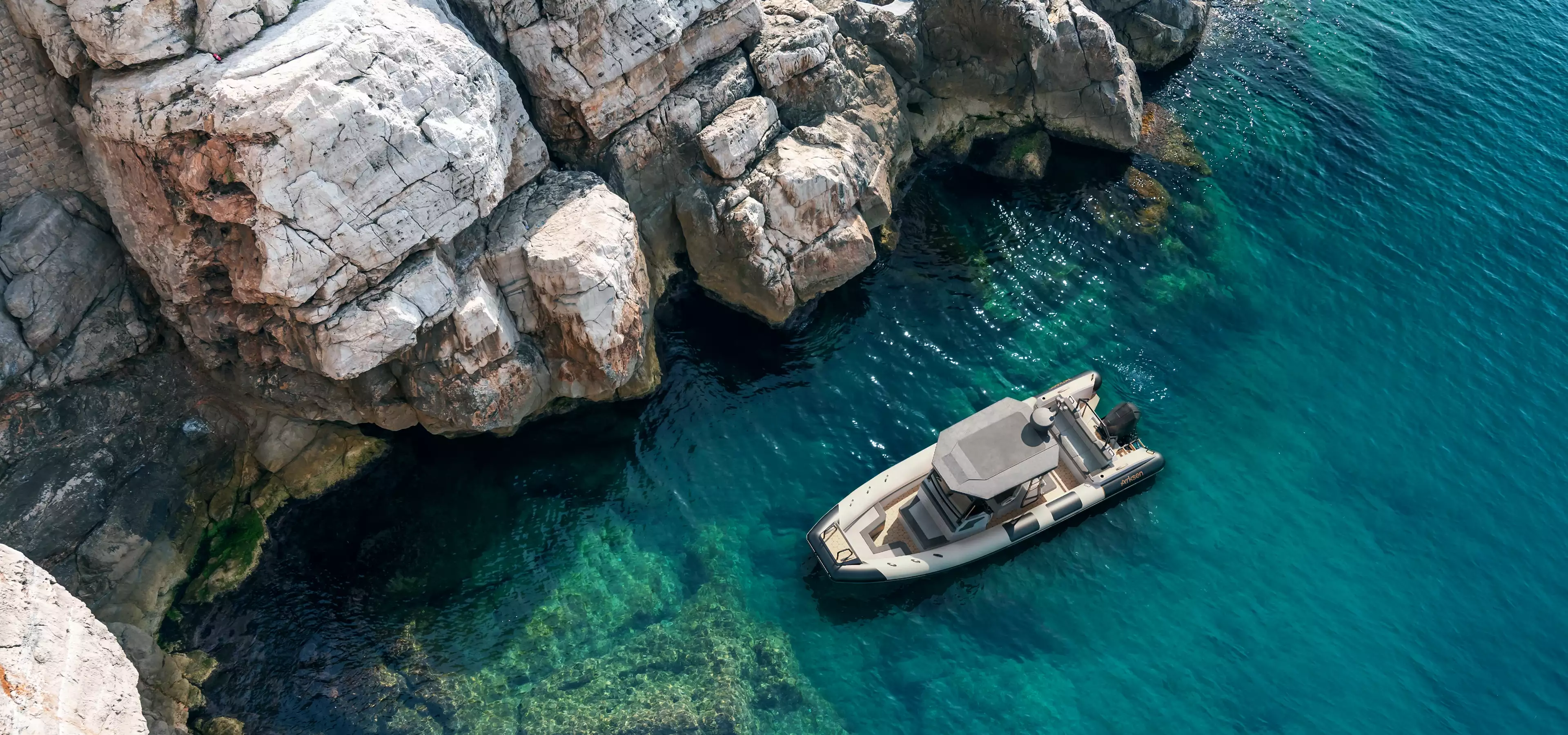Boat 3d visualization of a motorboat beside rocky cliffs in clear turquoise water