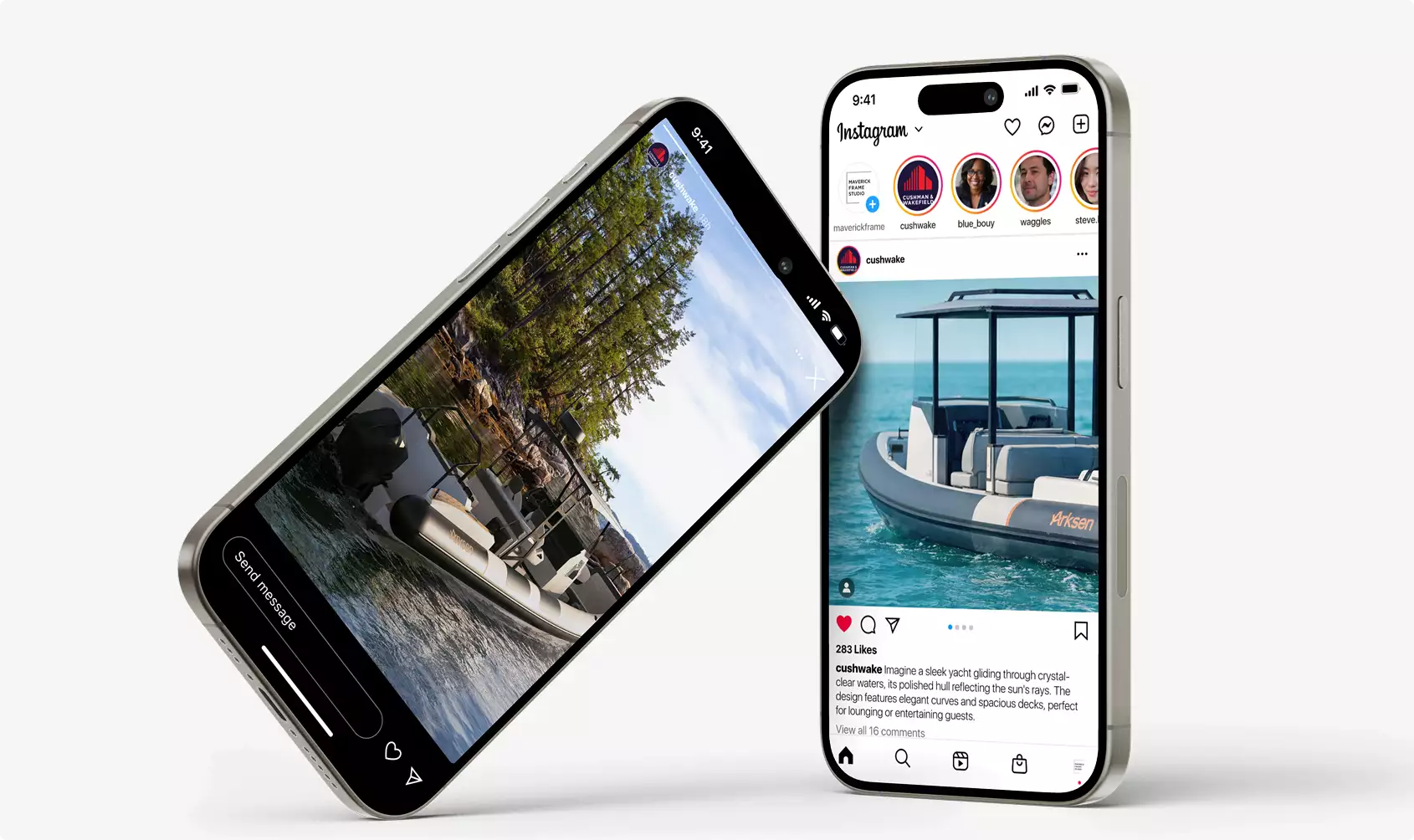 Boat renderings shown on two smartphones displaying social media boat posts on a white background