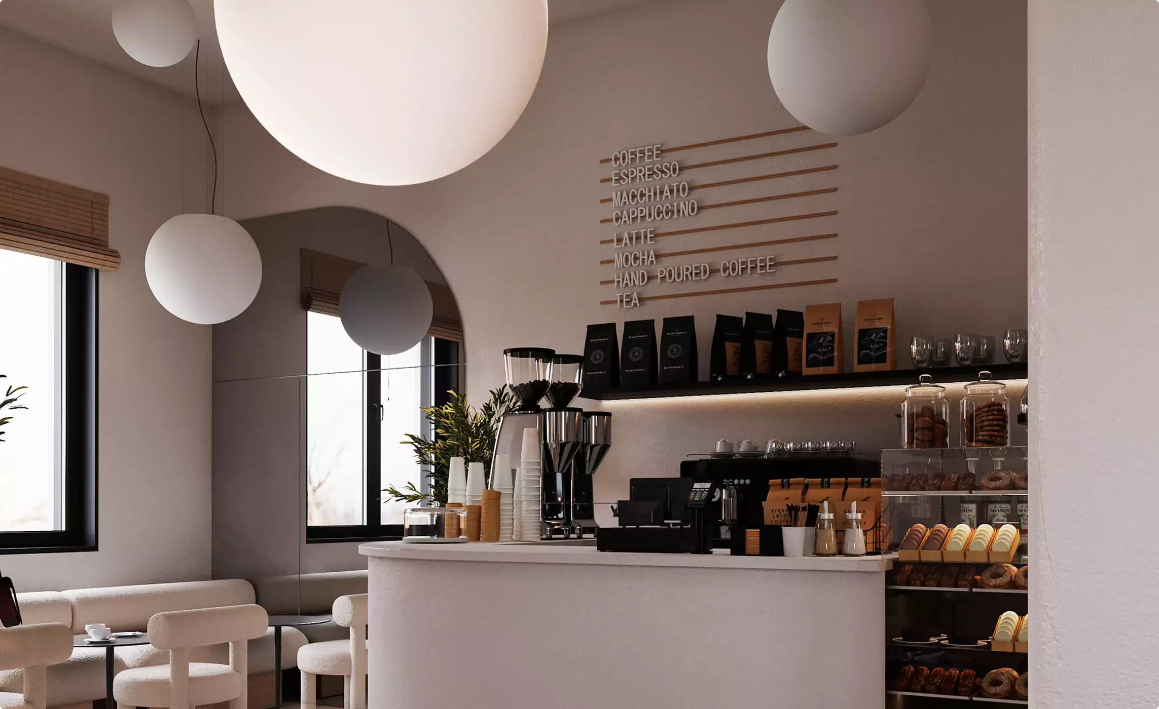 Cafe rendering of a coffee bar interior with pendant lights, menu wall, pastry case, and seating