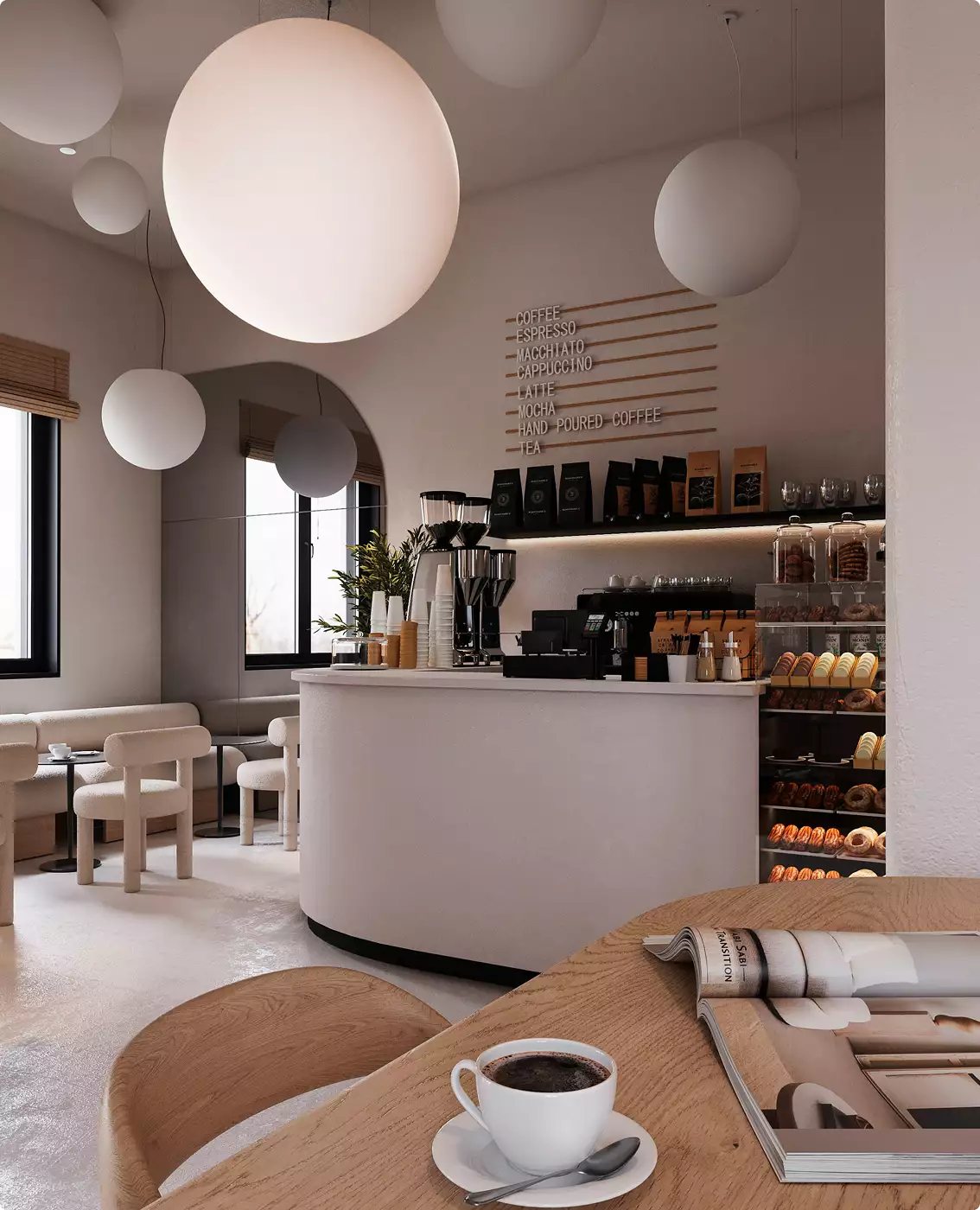 Cafe rendering of a coffee bar interior with pendant lights, pastry display, menu wall, and wood table
