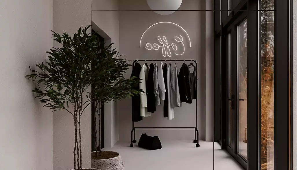 Cafe rendering of an interior corner with a clothing rack, potted tree, neon sign, and tall windows