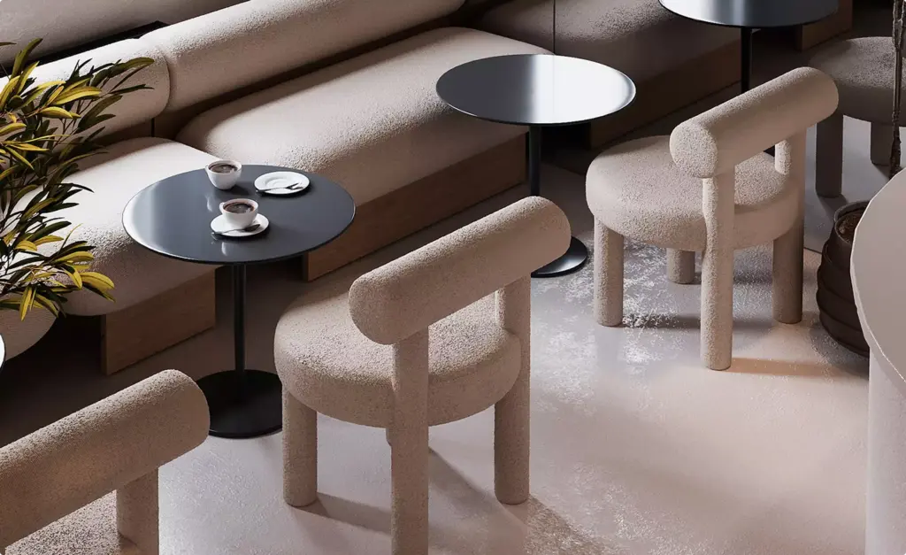 Cafe rendering of a seating area with textured chairs, black round tables, coffee cups, and bench seating