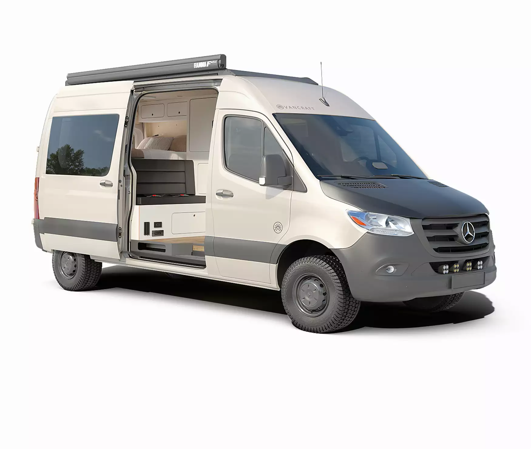 campervan exterior with sliding door open, roof awning, side windows and off road tires